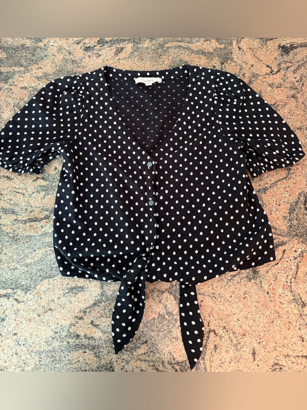 LOFT Black and White Polka Dot Tie-Front Blouse
